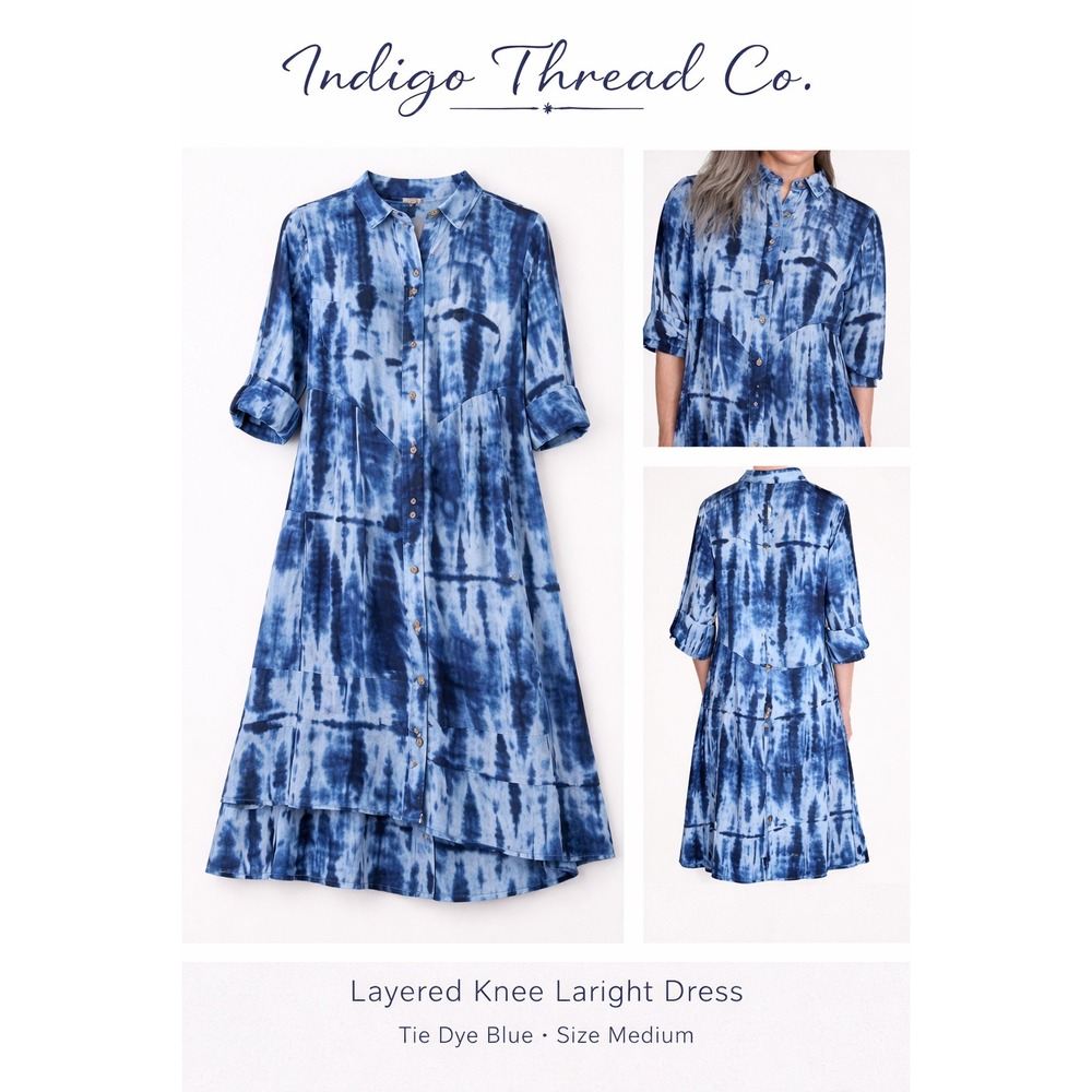 Indigo Thread Co Womens Medium Blue Tie Dye‎ Layered Shirt Dress Rayon Lagenlook